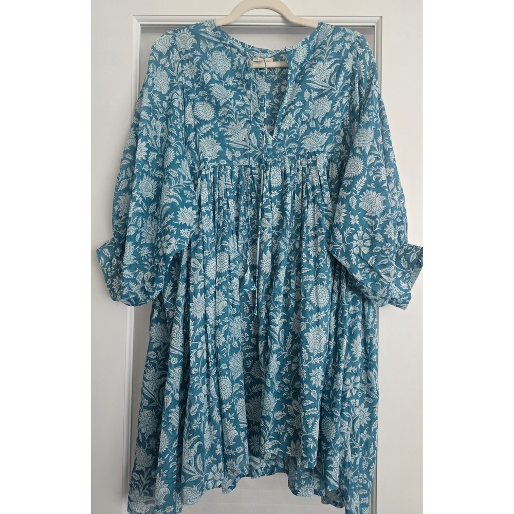 Daughters of India Kyra Mini Dress Ocean Blue Floral Print Cotton Boho Medium
